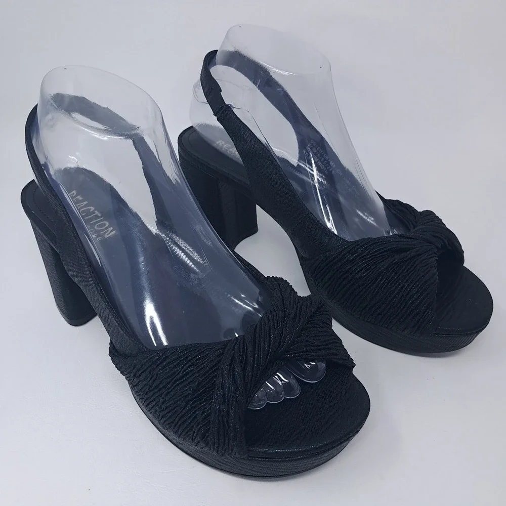 Reaction Kenneth Cole Rylee Twisted Fabric Platform Black Slingback Heels Size 8